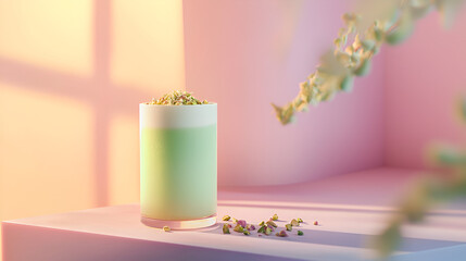A visually appealing green drink adorned with toppings sits on a pink platform, bathed in soft sunlight.