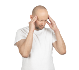 Man in white t-shirt suffering from headache, migraine, and fibromyalgia