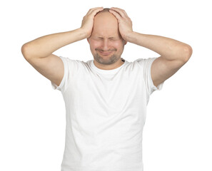 Fototapeta premium Man in white t-shirt suffering from intense headache and stress