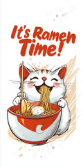 Cute Cat Eating Ramen - Kawaii Japanese Illustration
