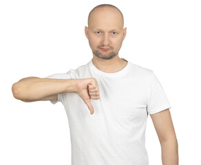 Man showing a thumbs-down gesture with a serious expression