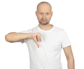 Man showing a thumbs-down gesture with a serious expression
