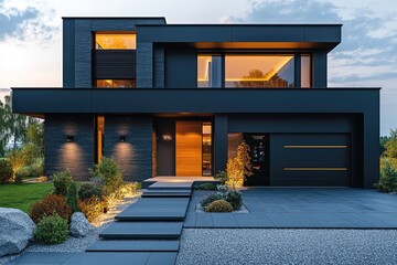 Modern black cube luxury house exterior with illuminated windows at dusk