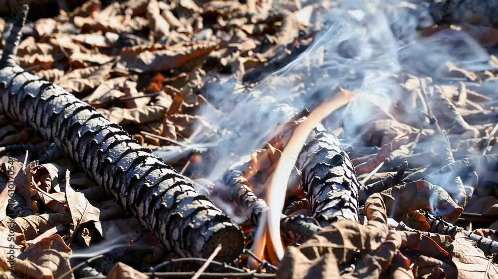 Poster Smoke and small flames rise from a smoldering pine cone lying on a bed of dry leaves, creating a mesmerizing slow motion display of combustion