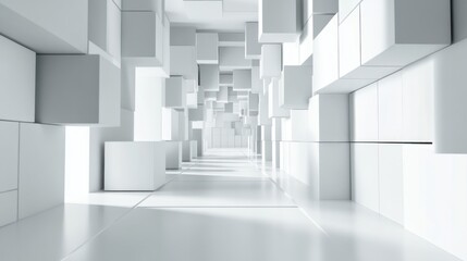 Geometric hallway with white 3D blocks and a bright linear perspective