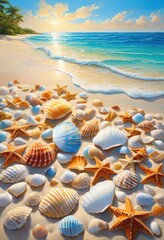 vibrant tropical beach scene featuring colorful lush bright clear blue sky, sands, waves, ocean, shoreline, coast, sunbathing, vacation, travel