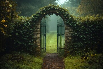 Open iron gate covered by ivy in a foggy garden leads to mystery