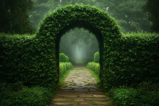 Green archway leading to foggy path in lush garden