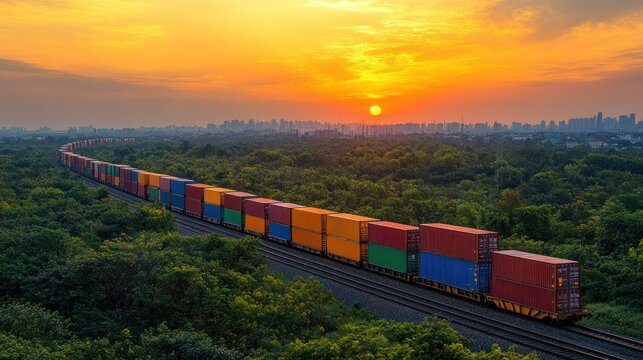 Colorful cargo train at sunset over city and forest