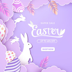 Happy Easter day concept with paper cut clouds, rabbit, eggs. Suitable for greeting card and banner.