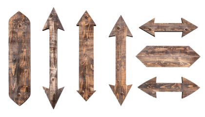  wooden arrow signs on a transparent background