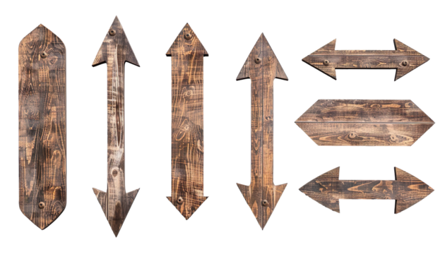  wooden arrow signs on a transparent background - Powered by Adobe