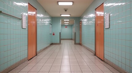 Subway corridor, tiled walls, doors, lighting