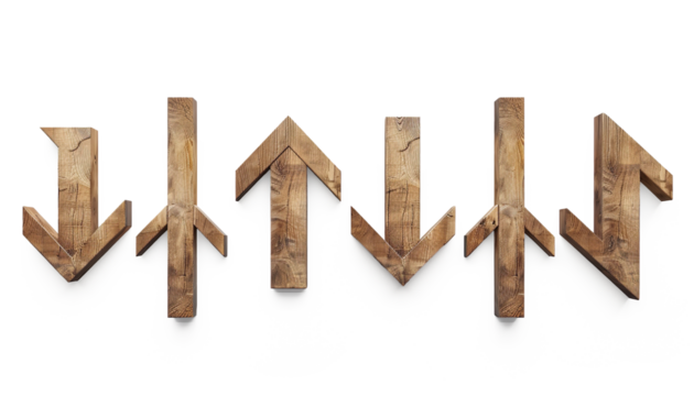  wooden arrow signs on a transparent background