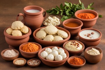 Traditional Indian Holi Feast With Gujiya, Laddoos, and Buttermilk Served in Earthen Pots