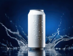White soda can mockup, dark navy blue background with water glow effect