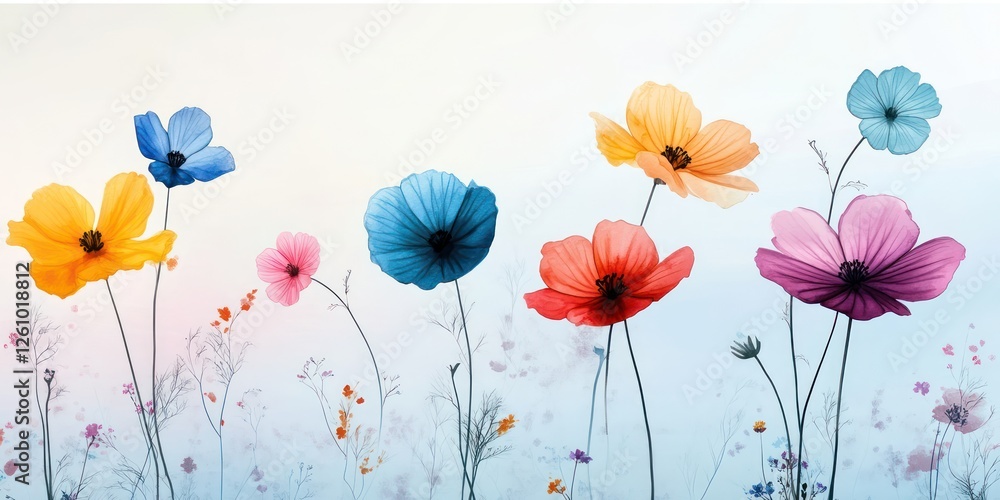Poster delicate flowers bloom in a colorful array, combining warm and cool tones set against a light backgr
