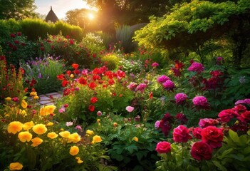 lush garden close displaying vibrant rich bounty full bloom, blooms, flowers, plants, petals, leaves, blossoms, colors, soil, landscape, flora