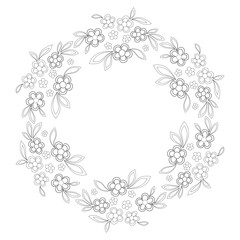 Many small flowers romantic frame coloring page. Floral wreath of flowers and leaves in country style. Monochrome flowers tattoo pattern. Black and white graceful floral illustration. Summer mandala.