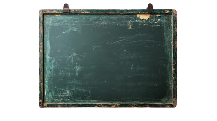 Fototapeta premium Empty green chalkboard hanging on transparent background