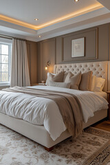 Obraz premium Photographie immobilière d'une chambre parentale moderne avec lit capitonné, éclairage LED et ambiance luxueuse. HDR, 3D, design, tendance, architecte