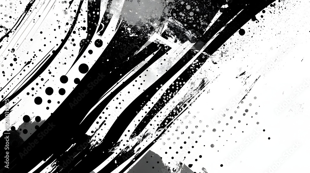 Aufkleber Gritty high contrast monochrome abstract background with dynamic geometric patterns overlapping splattered brush strokes and a distinct grunge texture for a bold experimental