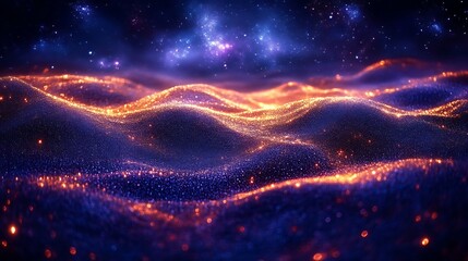 Glowing cosmic landscape with vibrant nebula and starry night