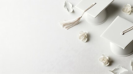 White Graduation Caps and Delicate Flowers Rest on White Background