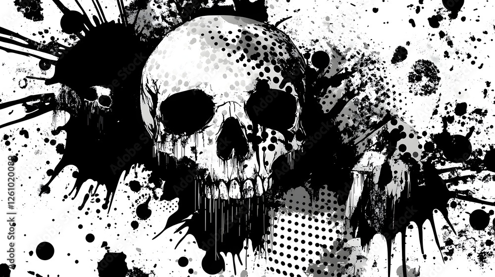 Poster Grunge Skull Splatter Explosion Abstract Monochrome Horror Art with Ominous Grim Reaper Vibes  Dark Edgy and Unsettling Gothic Imagery for Horror Themed Designs and Backgrounds