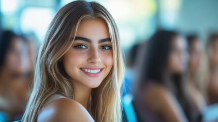 Smiling Young Woman with Long Blonde Hair Enjoying Moment During Social Gathering Indoors