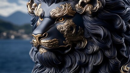 Majestic Black Lion Sculpture Adorned With Gold Filigree