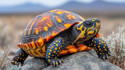 Obraz premium Colorful desert tortoise basking on rock, mountains in background