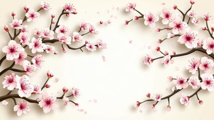 Delicate Cherry Blossom Branches Framing a Soft Cream Background in Springtime Serenity