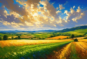 Fototapeta premium breathtaking expansive rural field featuring vibrant seasonal crops bathed golden sunlight showcasing lush greenery colorful blooms, agriculture, farmland