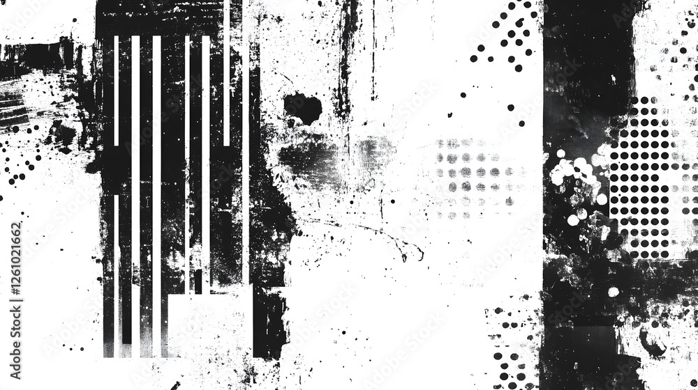Poster Grungy vintage inspired abstract texture with overlapping geometric patterns dotted lines and a distressed weathered appearance in black white and shades of gray  This moody