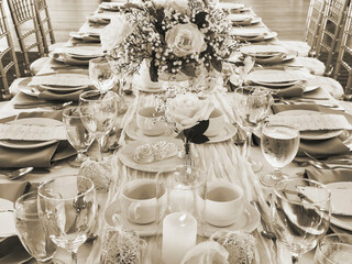 A view of a wedding reception dining table.