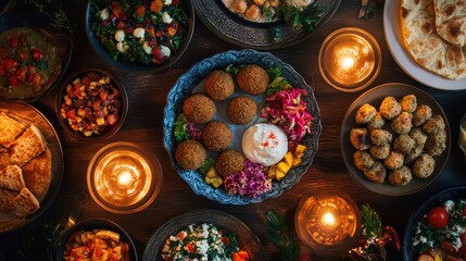 Flat Lay of Beautifully Set Iftar Table with Colorful Dishes, Warm Soft Light, and Lanterns