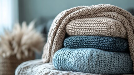 Cozy knit sweaters stacked indoors, autumn background, home decor