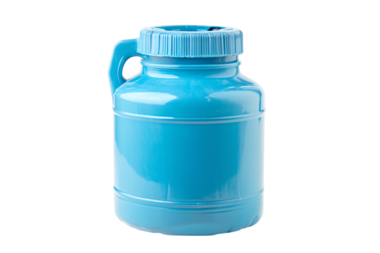 A bright blue plastic jug featuring a secure lid and a handle, ideal for storage or as a container for liquids, isolated on a white background.