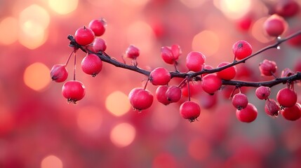 Red berries adorn a branch in autumnal light