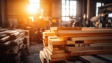 Stacks of lumber sit in a workshop bathed in warm sunlight, highlighting the wood's natural grain and texture, ready for carpentry projects.