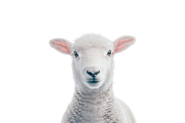 Obraz premium A close-up view of a fluffy sheep with a gentle expression, showcasing its soft wool and charming face against a white isolated background.