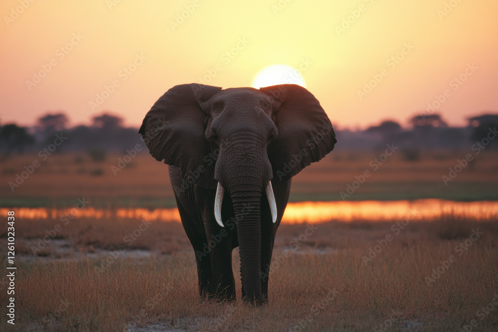 Poster a large elephant stands in a field with the sun setting in the background