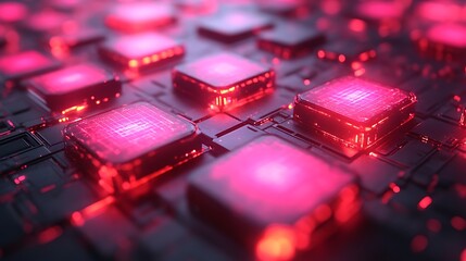 Glowing Red Cubes on a Dark Circuit Board