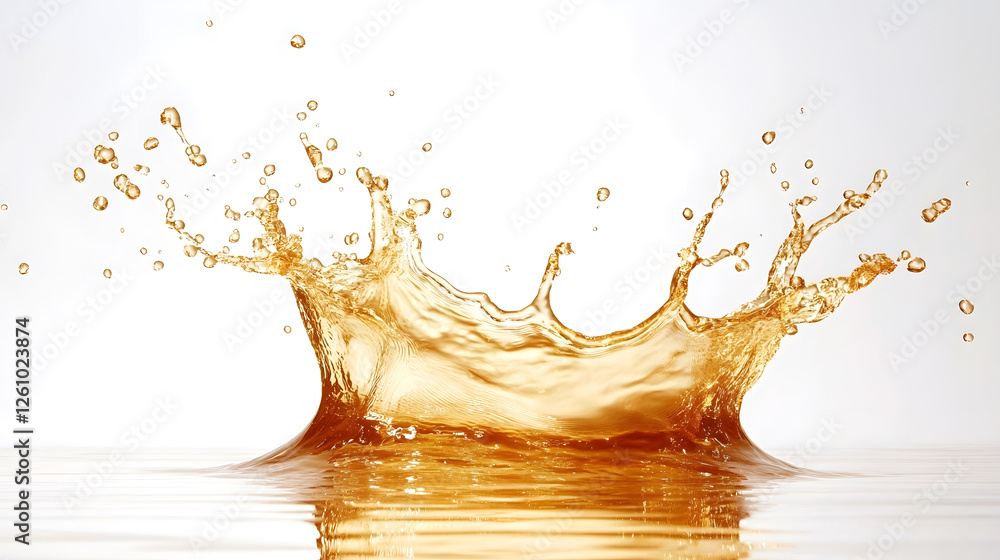 Poster Mesmerizing abstract image of a captivating liquid splash erupting in a dynamic display of glowing golden amber hues  The fluid forms swirl and collide bursting with radiant energy and movement