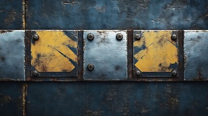 Rusted Metal Panels With Yellow Markings Displayed Horizontally