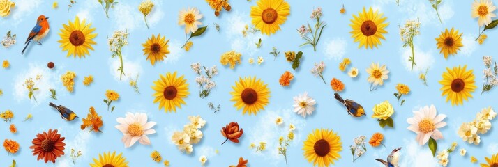 Obraz premium sunburst gift wrap, a lively and fun gift wrap design features a repeating pattern of sunbursts, flowers, songbirds, and swirling clouds on a sky-blue background