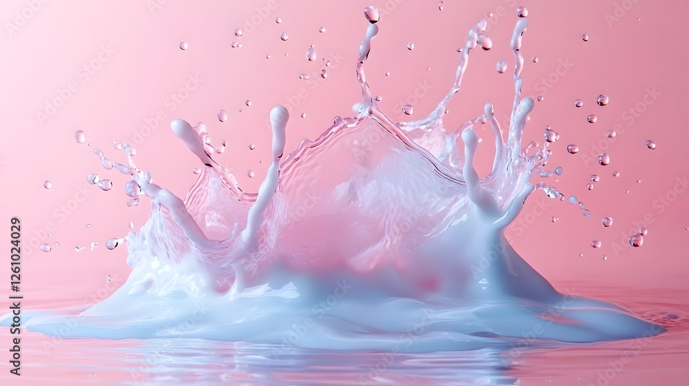 Poster Mesmerizing abstract image showcasing a dynamic splash of colorful liquid in motion creating vibrant patterns and flowing droplets on a minimal pink and blue background