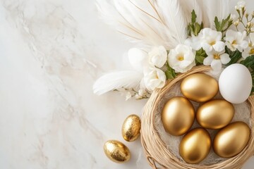 Elegant Easter Basket With Golden Eggs, White Feathers, and Fresh Blooms on a Marble Countertop