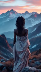 Contemplative figure gazing at majestic mountain range at dusk serenity